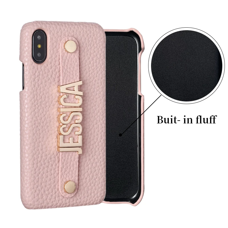 Metal Custom Name Pebble Grain Leather For iPhone With Strap 5