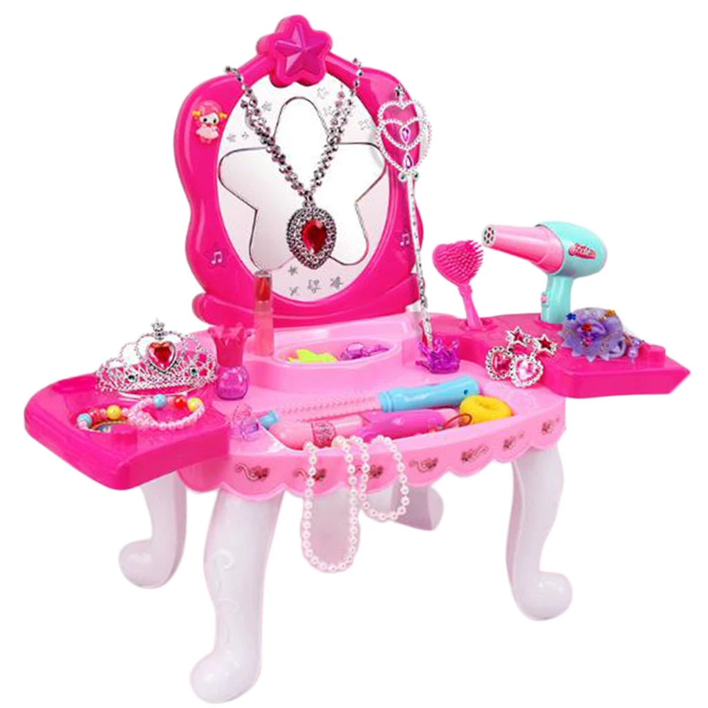 Play Pretend Play Beauty Set, Princess Pretend Play Dressing Table Top Set with Makeup Mirror, Jewelry and Accessories