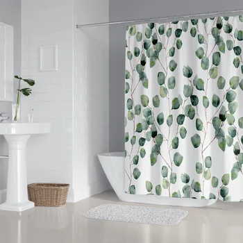 

Shower Curtain Watercolor Green Floral Eucalyptus Round Leaves Pattern Branches Home Bathroom Decor Polyester Fabric Waterproof