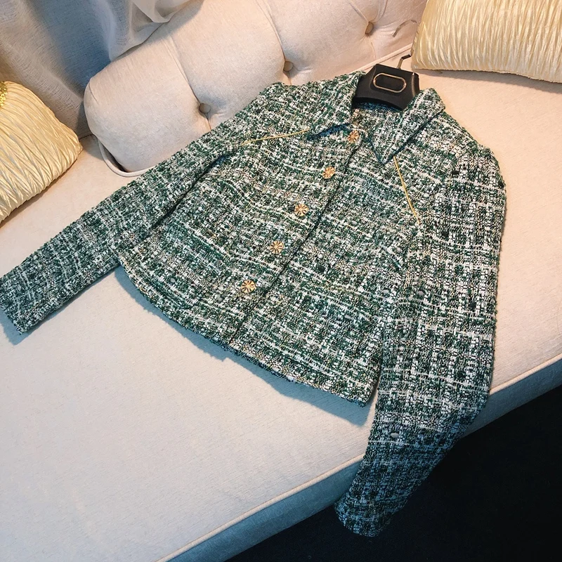 

Brand fashion women's high-end luxury autumn elegant Slim lady style temperament green check tweed short coat
