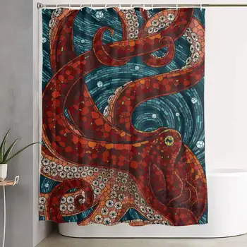 

Bathroom Decor Shower Curtain with Hooks, Bath Curtain Polyester Water-Resistant Fabric Bathtub Curtain (72" x 72", Octopus