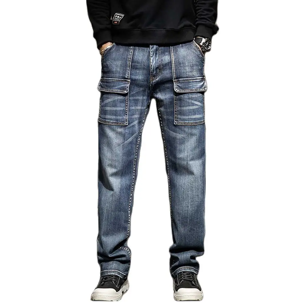 Fashion Cargo Denim Men Casual Straight Loose Baggy Jeans Hiphop Harem Trousers Streetwear Plus Size Clothing