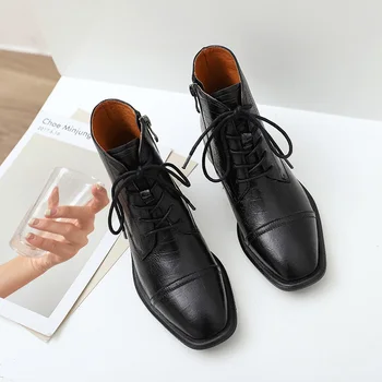 

Royesic Genuine leather Martin boots women's leather thick-soled round toe British style 2020 autumn new lace ankle boots women