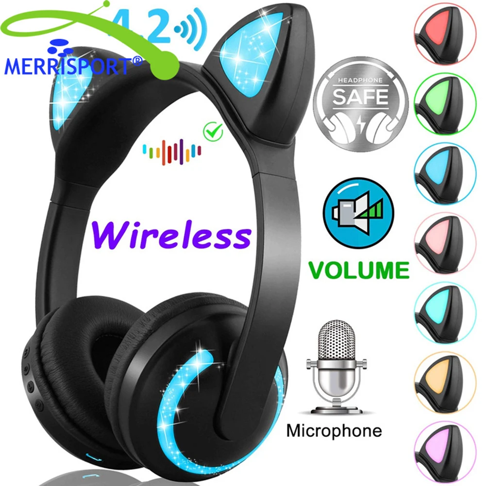 USB Rechargeable Headset Bluetooth Wireless Music Cat ears Shape Backlight Earphone Portable Entertainment Earphone Accessories