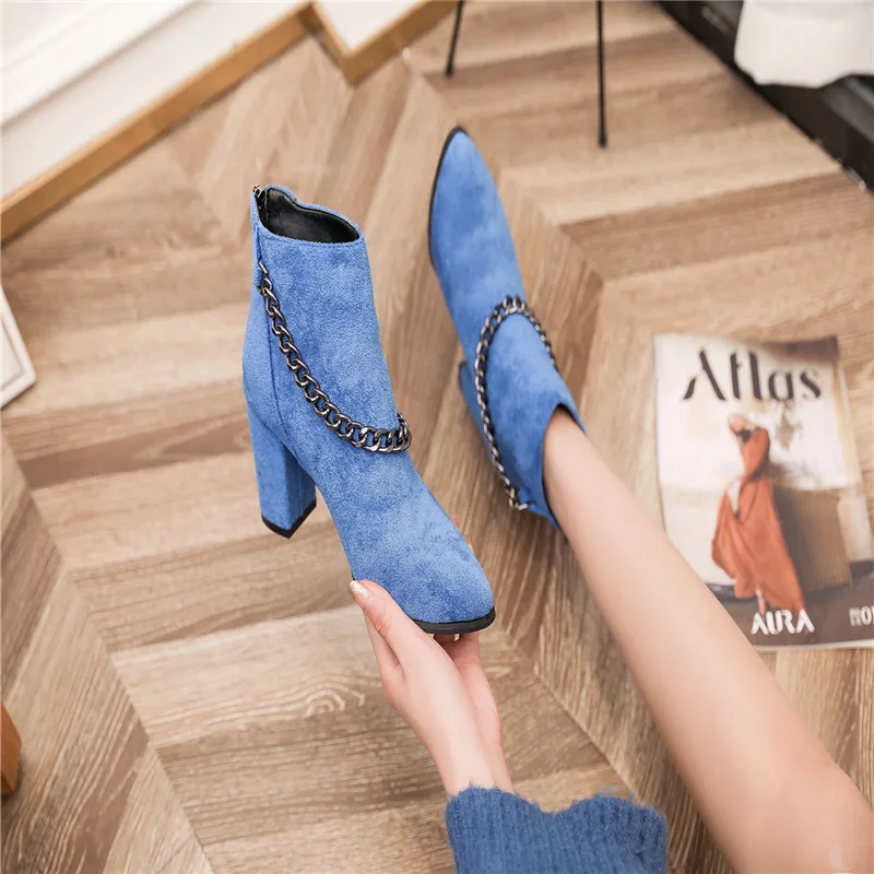 

ankle boots for women shoes 2020 square heels zipper blue Solid color flock short plush chain decoration winter boots women