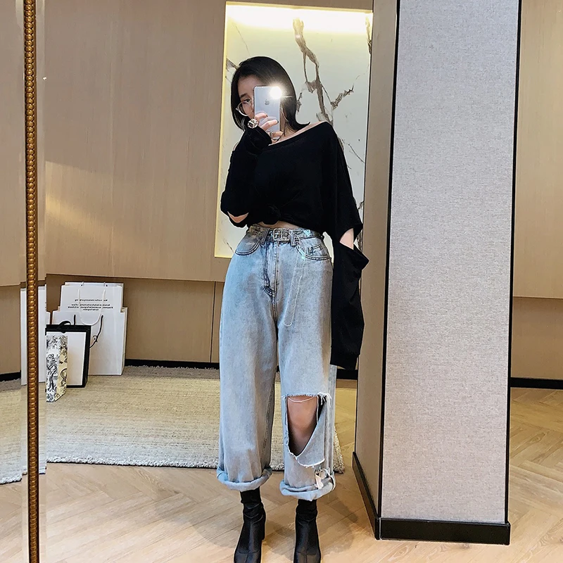 

Europe Cotton Hoody Women Wild Sweatshirts New 2019 Autumn Casual Ladies Sweatshirts Hole Long Sleeve Fashion Women Tops