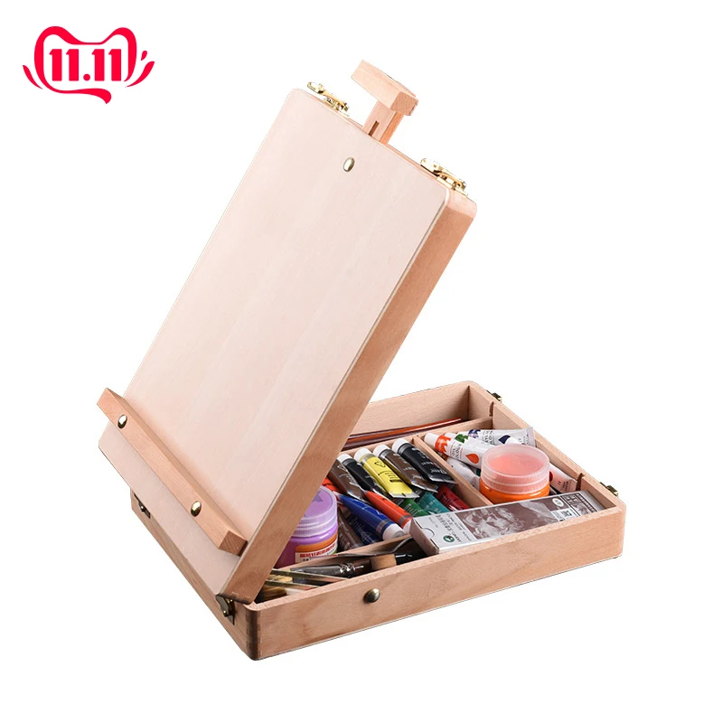 Baratos Caballete de madera para pintar caballete de dibujo caja de mesa pintura al óleo Accesorios para ordenador portátil suministros de arte para artista niños