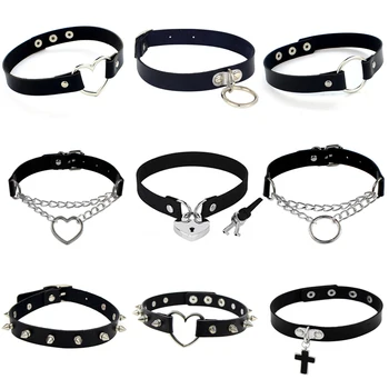 2020 Punk PU Leather Lock Key Heart Round Spike Rivet Collar Studded Choker Necklace Body Birthday Party Gift chocker Jewelry