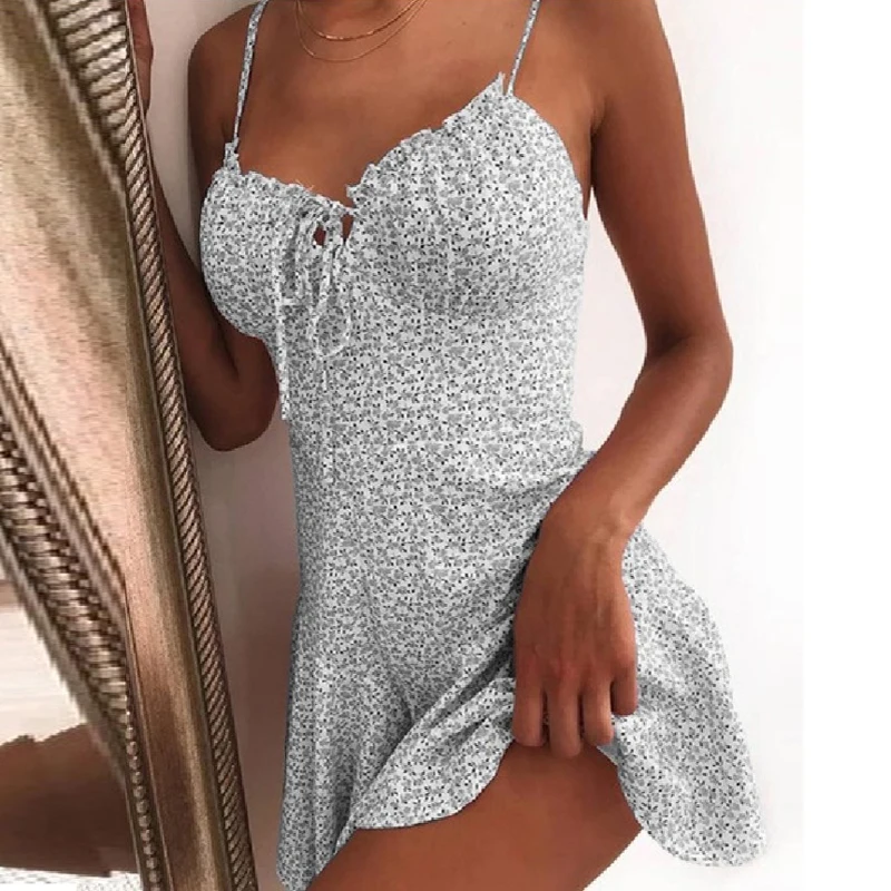Summer Tie Front V Neck Elegant Sexy Floral Print Mini Dress Women Off Shoulder Ruffle Party Dress Femme Backless A-Line Dresses