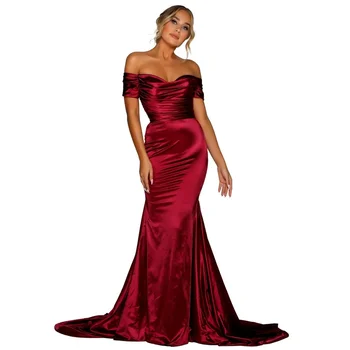 

Burgundy Off the shoulder maxi dress evening party long dress stretch satin slash neck elegant floor lenght dress