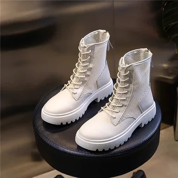 

Women Boots Round Toe Platform Motorcycle Ankle Boots Woman Summer Mesh Chelsea Boots Female Thick Bottom Gunuine Split Leather