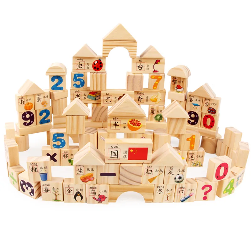 

100 Tablets Logs No Paint Wooden Children'S Educational with Numbers Chinese Characters Logs Building Blocks 2-3-Year-Old Early
