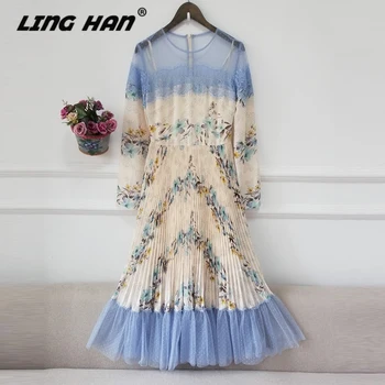 

LINGHAN Elegant Print Chiffon Dress Women's fashion Lace Patchwork Pleated Beach Vacation Dresses Designer Spring Summer New