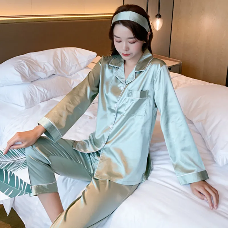 

Spring and autumn new cardigan Lapel print silk like women's home clothes set