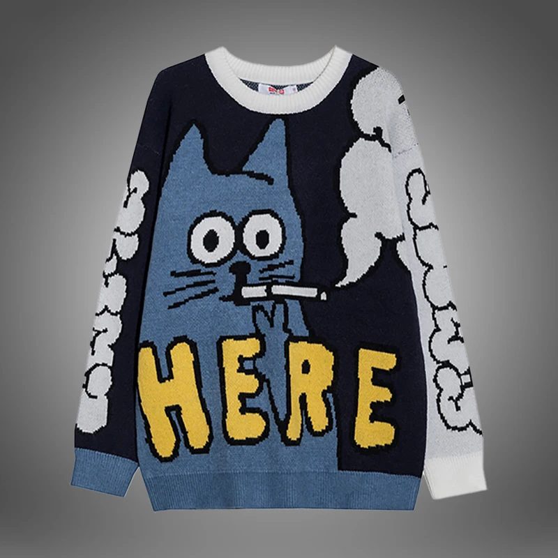 

Autumn Mens Sweaters Cartoon Pattern Cat Knitted O-Neck Pullover Sweater Men Soft Slim Casual Pull Up Male Cute Pullovers Unisex