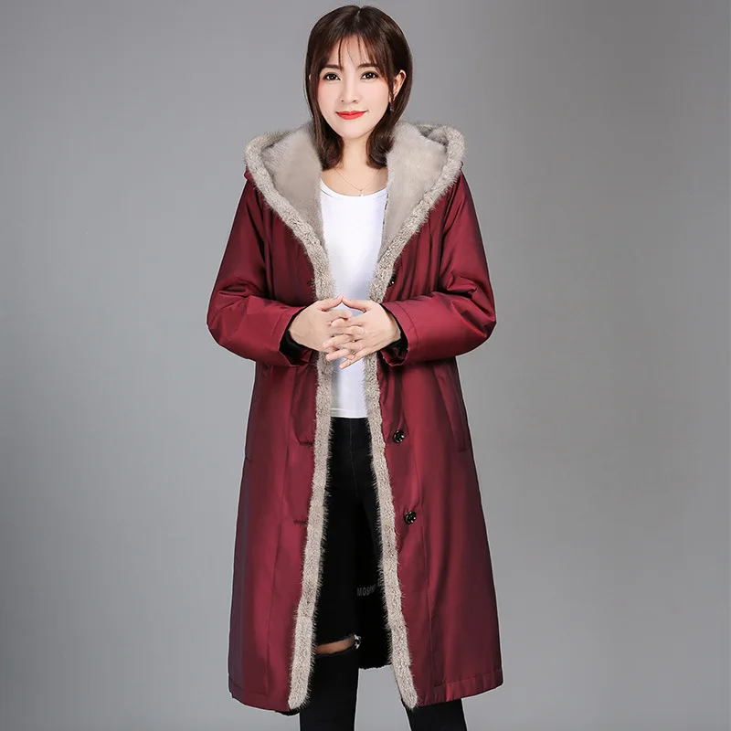 Новое поступление, зимнее длинное пальто с капюшоном из натурального кроличьего меха, пальто для женщин, высокое качество, Воротник из натурального меха норки, длинное пальто с капюшоном