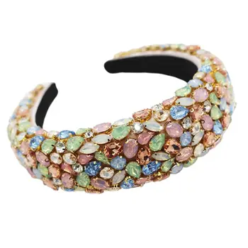 

Baroque Women Handmade Crystal Beaded Headband Holographic Colorful Jewelry Bandana Sponge Padded Retro Prom Headdress