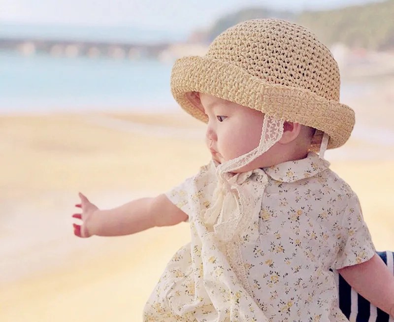 Baby Hat Summer Korean Baby Boy Girl Straw Hats Lace Strap Crochet Foldable Sun Cap