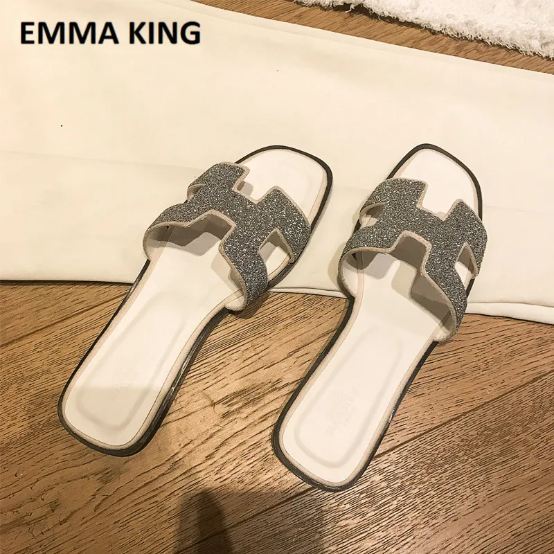 H grey EMMA KING/женские летние тапочки ручной работы на плоской подошве; брендовые дизайнерские модные роскошные туфли на высоком каблуке; женские лоферы без застежки - Цвет: H grey