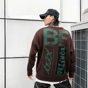 

Harajuku Loose Pullover Sweater Men Round Neck Streetwear Letter Print Color Match Sueter Hombre Sweaters Oversize Mens Sweater