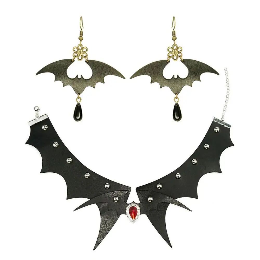 

Punk Lolita Bat Necklace c Set Leather Black Gothic Choker Jewelry Set