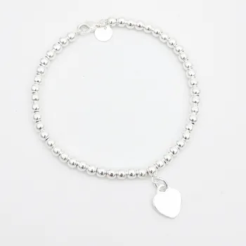 

1: 1 sterling silver 925 classic ladies silver heart shaped 4mm ball bead bracelet jewelry holiday gift