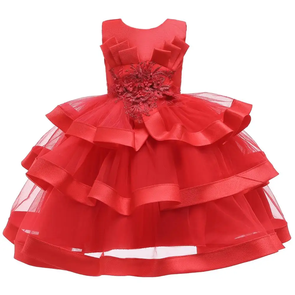 Hetiso/свадебные платья принцессы с цветочным узором для девочек; детское кружевное платье-пачка с бантом и жемчужинами; платье без рукавов для дня рождения; цвет красный, зеленый - Цвет: as picture