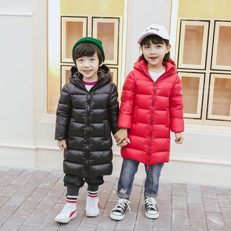 Коллекция года, новая зимняя теплая детская спортивная куртка-пуховик Длинная пуховая куртка с капюшоном на белом утином пуху для мальчиков и девочек одежда для детей