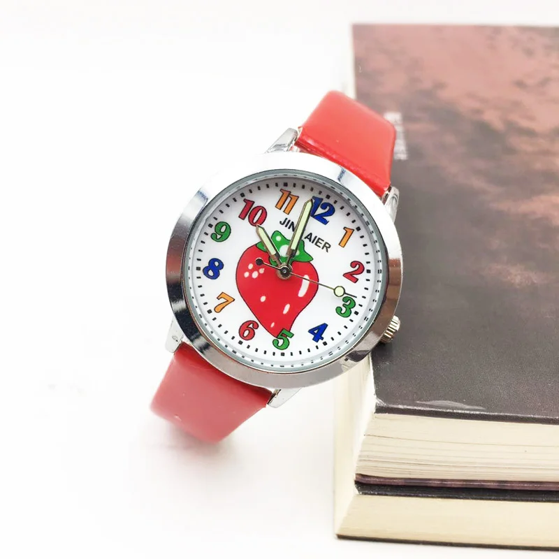 hot fashion cartoon watch for kids jelly leather strap girl's quartz watch boy students clock Strawberry pattern drop shipping wholesale colorful number (5)
