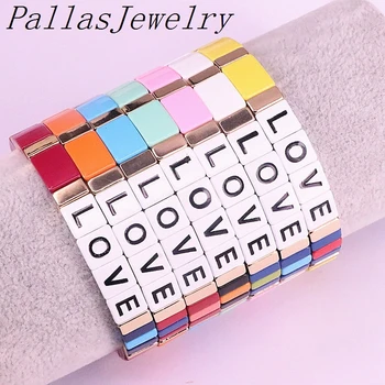 

5Pcs Fashion Letter Bohemia Handmade Colorful Painted Stretch Strand Bracelet Enamel Rainbow Beads Tile Bracelet for Women