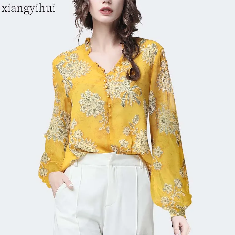 

Flower Printing Women Chiffon Blouse Casual Yellow Shirt Long Sleeve Spring Female Office Work Wear 2020 V Neck Loose Shirts