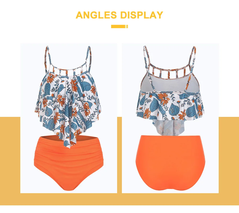 Floral Print Cut Out Overlay Tankini Set