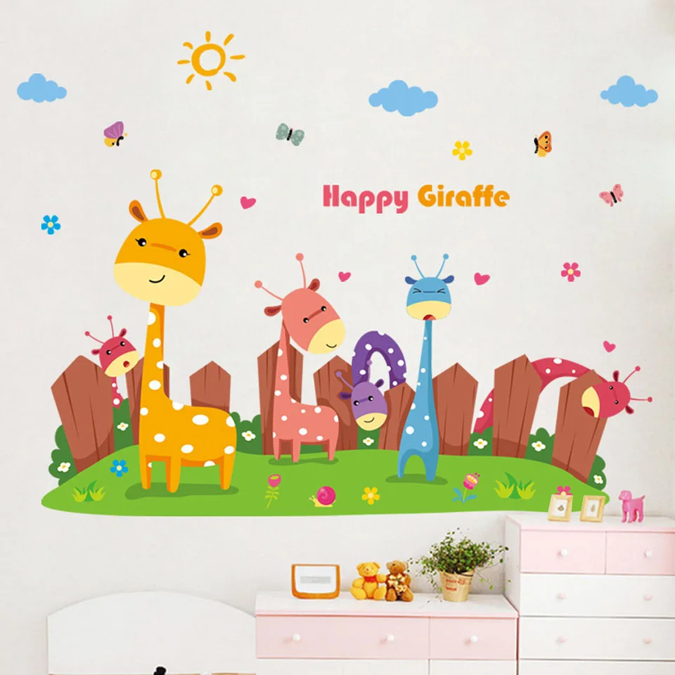 Большой жираф кролик воздушный шар наклейки на стену для детской комнаты для маленьких девочек комнаты для спальни Настенная Наклейка с животными украшение детской комнаты