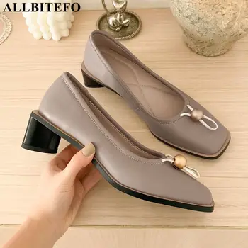 

ALLBITEFO fashion retro genuine leather square toe brand high heels office ladies shoes women high heel shoes party women heels