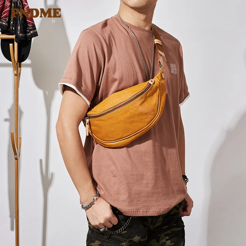 

PNDME fashion simple genuine leather men's chest bag luxury natural first layer cowhide waist pack casual daily crossbody bags
