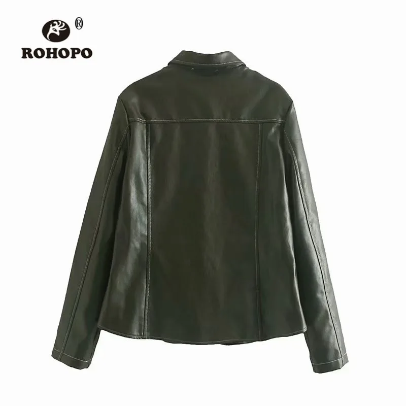 ROHOPO/топ с большими карманами, кожаная куртка с резьбой, круглый край, металлические пуговицы, однотонная прямая искусственная кожа, Chaqueta#6180