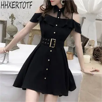 

2020 summer New Women Single Breasted Dress Sweet Black Turn-down Collar Dresses With Belt Vestidos
