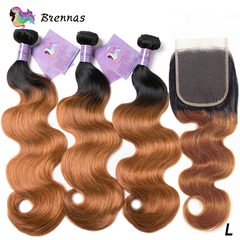 

Ombre1b 27 Body Wave Human Hair Bundles With Closure non-Remy Hair Weave with 4x4 Closure 100% Brazilian human hair low Ratio