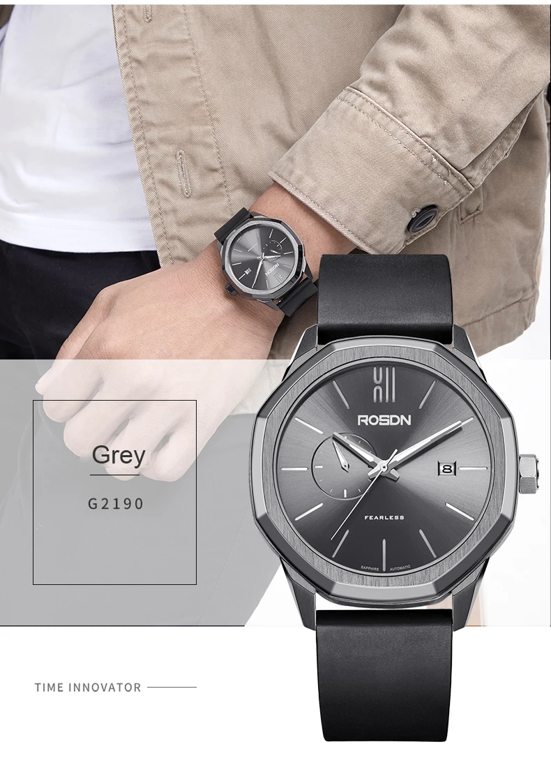 Luxury Brand ROSDN Men's Watches Japan MIYOTA Automatic Mechanical Pocket Watch Man Sapphire 50M Waterproof Silicone Strap R2190