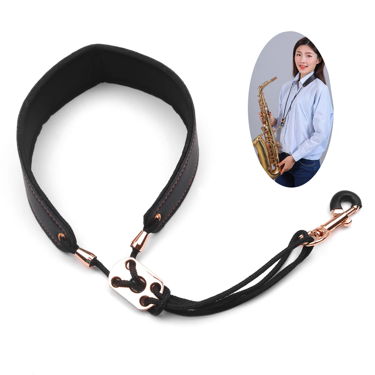 oboe adjustable saxophone neck strap suitable for soprano tenor saxophone Soft leather saxophone strap bassoon saxophone leather strap clarinet 16-22 inches metal hook