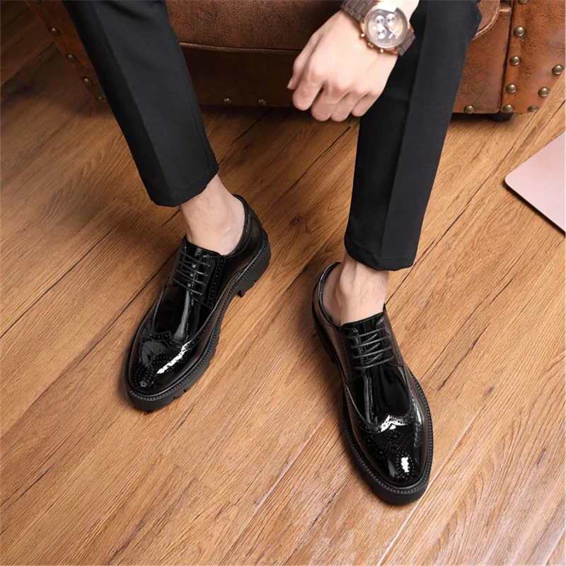 High Heel 8/10CM Gentleman Carve Brogue Shoes Men Formal Patent Leather Dress Shoes Size 37 Mens Black Shoes Man Sapatos Oxford