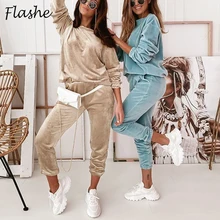 2021 Autumn Winter Tracksuit 2 Piece Set Women Golden Velvet Solid Tops Sweatshirt And Pocket Pants Suit Casual Tracksuit
