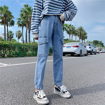 

S-XL 2019 autumn safari style women denim Pants Casual blue pocket high waist jeans for women straight pants (Z8753)
