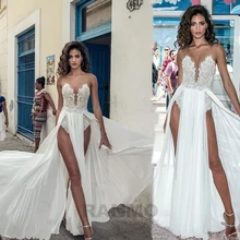 

RANMO Sexy Sweetheart Beads Wedding Dress Beach Vestido de novia 2021 High Double Side Slit Runway Long Chiffon Bridal Gown