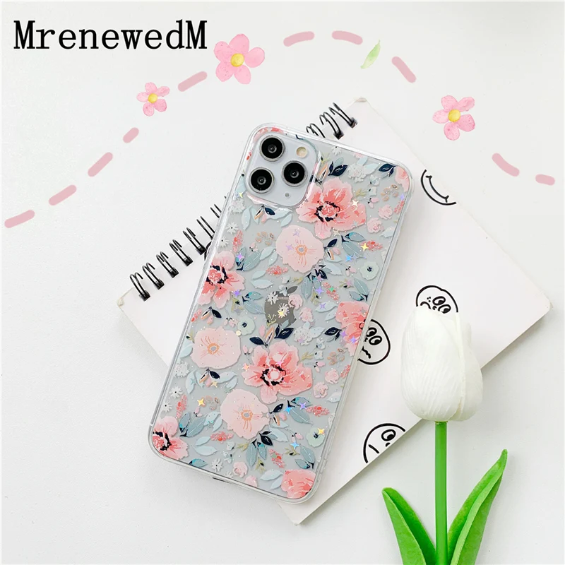 

MrenewedM Luxury Bling Rose Flowers Silicone Case For iPhone 11 Pro XR XS Max SE2 6S 7 8 Plus Beautiful Star Glitter Cover Shell