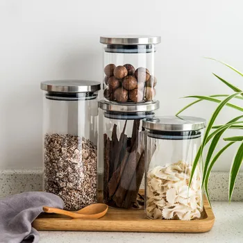 

2020 Glass Jars with Stainless Steel Cover Glass Spice Jars Storage Tank Food Contain Coffee Bean Jars and Lips Sealed Jar