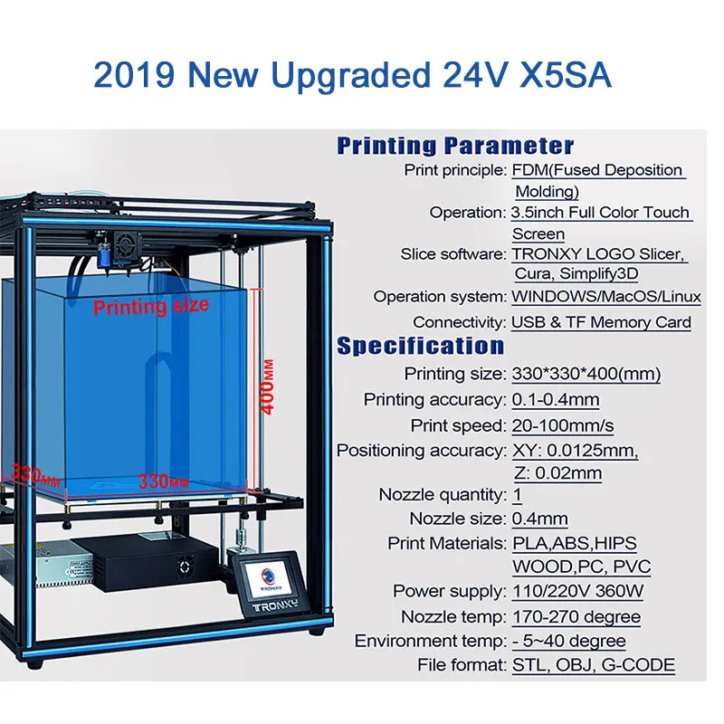 Koop Tronxy 2019 Nieuwe Verbeterde X5SA 24V 3D Printer CoreXY DIY Kits Metal Bouwen Plaat 330*330mm Warmte tafel 3d machine Filament Sensor