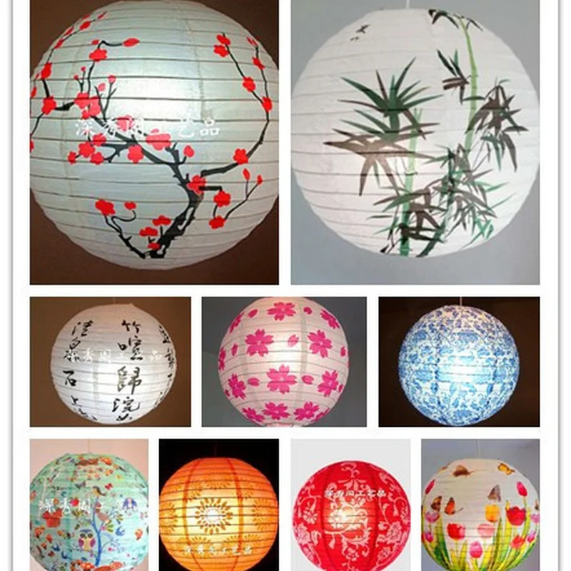 Plum Blossom Blue Porcelain Bamboo Printed Chinese Round Paper Lantern 1pc 40cm 16" Wedding Xmas Party Decor Hanging Paper Ball paper lantern
