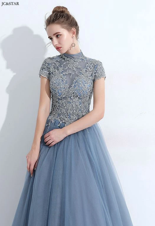 Vestidos de festa longo para senhoras casamento Новое кружевное платье трапециевидной формы с коротким рукавом и высокой горловиной сзади, цвет: пыльно-синий, robe mariage femme