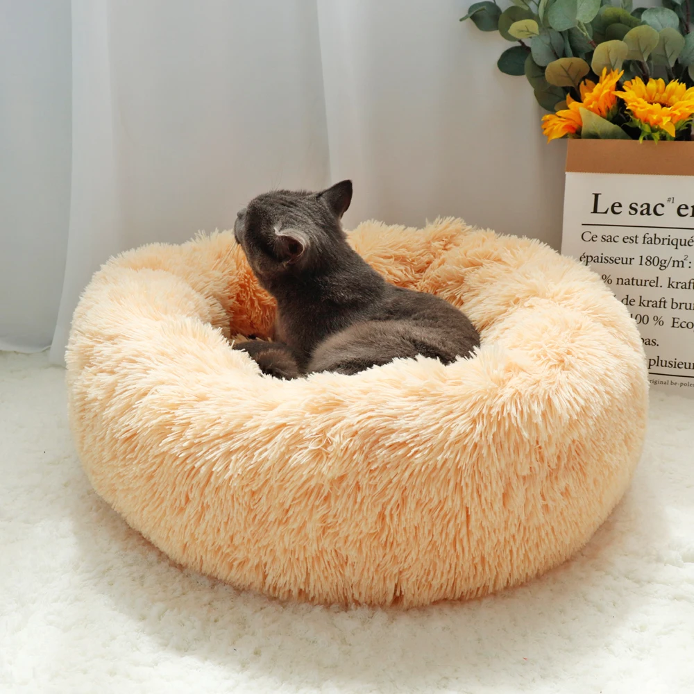 Long Plush Cat Bed House Soft Round Cat Bed Winter Pet Dog Cushion Mats